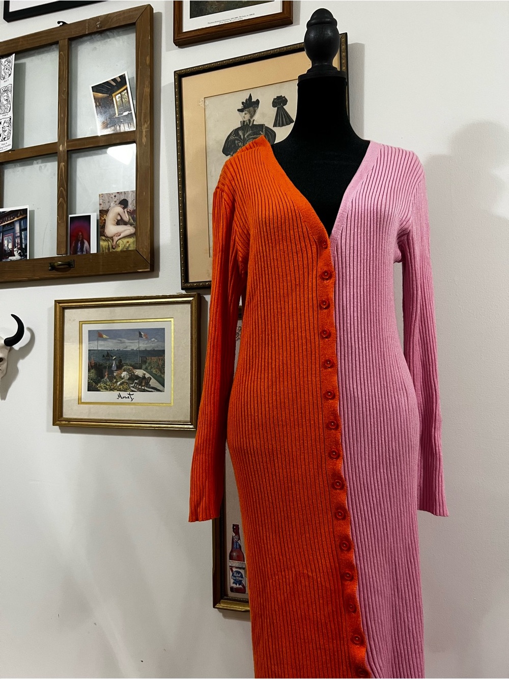 Two-Tone Orange & Pink Ribbed Button-Down Women’s Dress